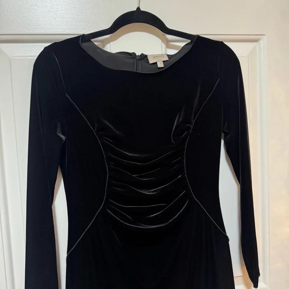 Armani Collezioni Velvet Black Ruched Front Dress Size 6